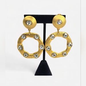 Norma Jean Dangle Rivoli Rhinestone Crystal 3" Door Knocker Earrings Vintage